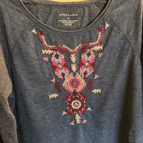 Denim blue embroidered seed bead design long sleeve tshirt - Picture 2 of 10